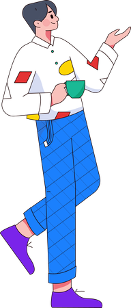 Hombre mostrando algo mientras sostiene café  Ilustración