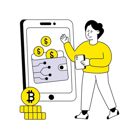 Hombre mostrando una billetera de criptomonedas  Ilustración