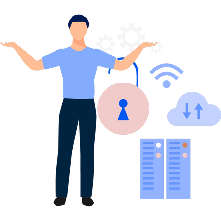 Hombre mostrando cargando datos en la nube  Ilustración