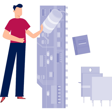 Hombre mostrando el chip de los carretes de la computadora  Ilustración