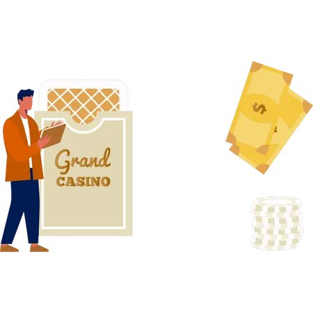 Hombre mostrando cartas del gran casino  Ilustración