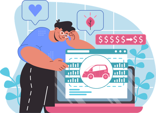 Hombre mostrando el precio del coche eléctrico  Ilustración