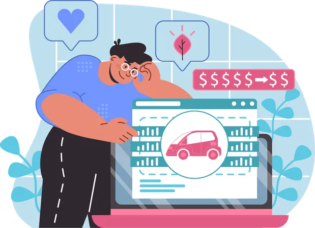 Hombre mostrando el precio del coche eléctrico  Ilustración