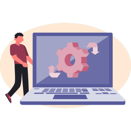 Hombre mostrando la configuración de la computadora portátil  Illustration