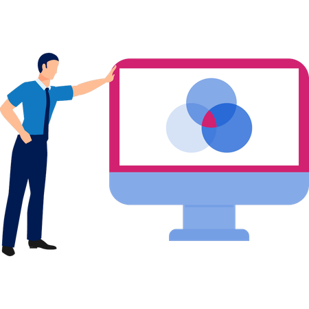 Hombre mostrando datos analíticos en el monitor  Ilustración