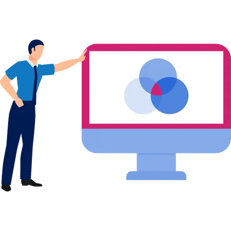 Hombre mostrando datos analíticos en el monitor  Ilustración