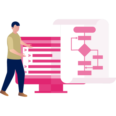 Hombre mostrando diagrama gráfico en el monitor  Ilustración