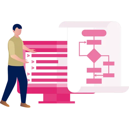 Hombre mostrando diagrama gráfico en el monitor  Ilustración