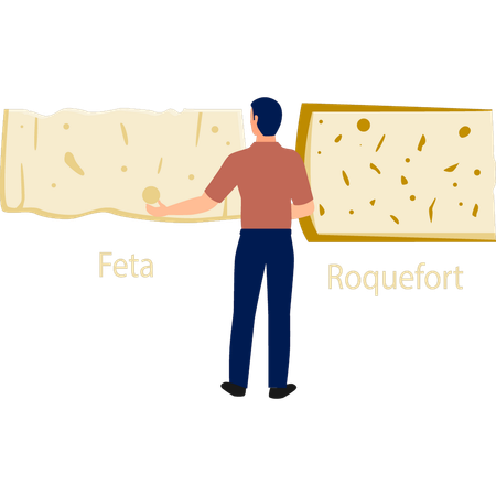 Hombre mostrando diferentes quesos feta y roquefort  Ilustración