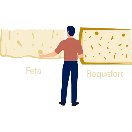 Hombre mostrando diferentes quesos feta y roquefort  Ilustración