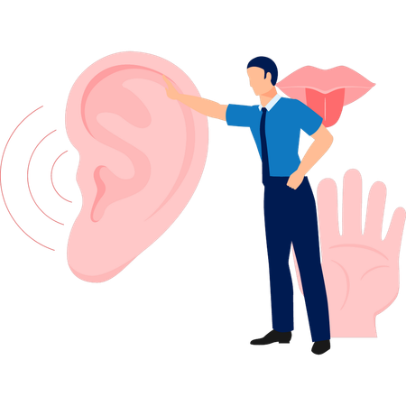 Hombre mostrando el sonido del oído humano  Ilustración
