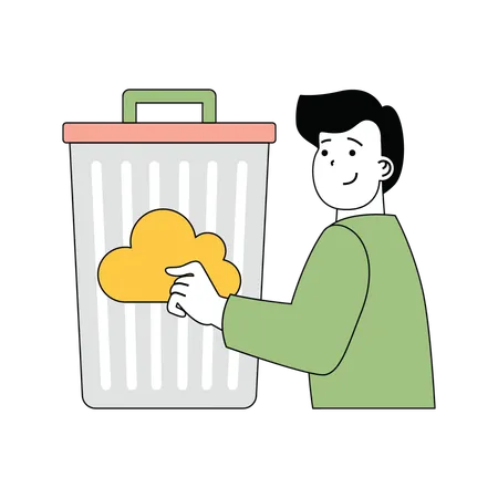Hombre mostrando cómo eliminar archivos en la nube en la papelera de reciclaje  Ilustración