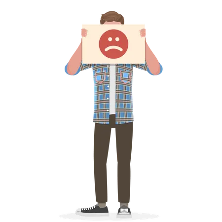 Hombre Sosteniendo Un Cartel De Emoji Triste Frente A Su Cara Ilustracion Conceptual Vectorial De Mala Emocion Estado De Animo Pesimista Expresion Facial Negativa Ilustración
