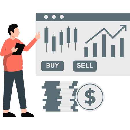 Hombre mostrando gráfico de ganancias del mercado de valores  Ilustración