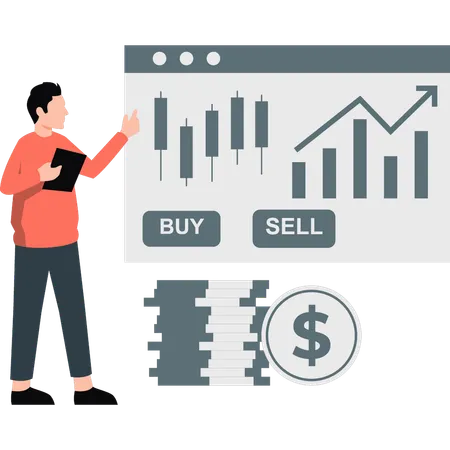 Hombre mostrando gráfico de ganancias del mercado de valores  Ilustración