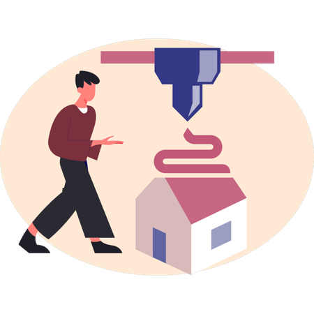 Hombre mostrando una casa impresa en 3D  Ilustración