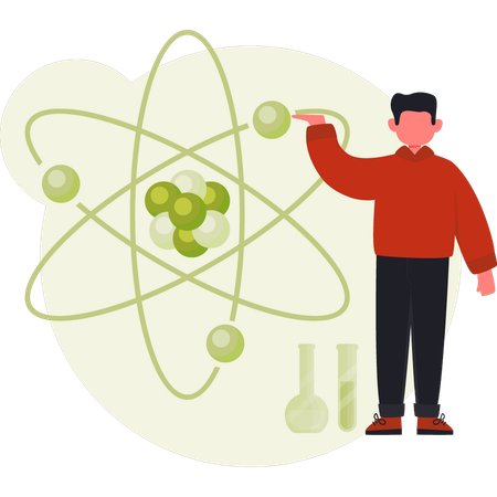 Hombre mostrando la estructura del átomo de la molécula  Ilustración