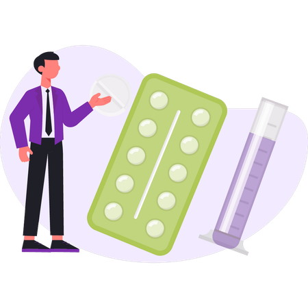 Hombre mostrando tira de pastillas  Ilustración