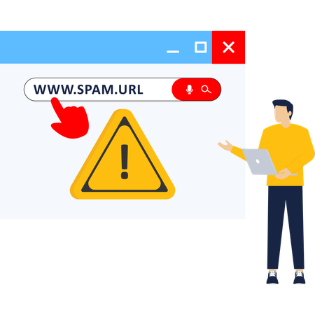 Hombre mostrando un sitio web de spam en línea  Ilustración