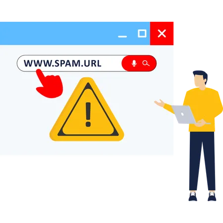 Hombre mostrando un sitio web de spam en línea  Ilustración