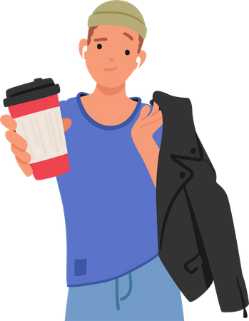 Hombre mostrando la taza de café  Ilustración