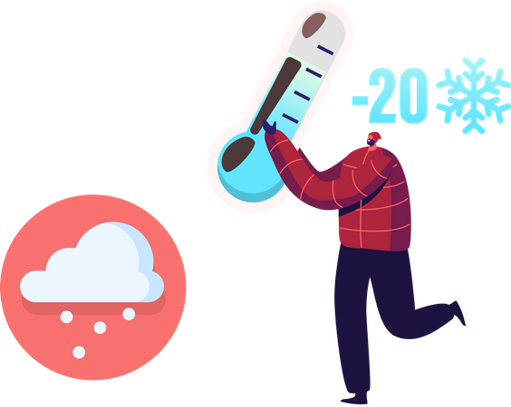 Hombre mostrando temperatura bajo cero usando un termómetro  Ilustración