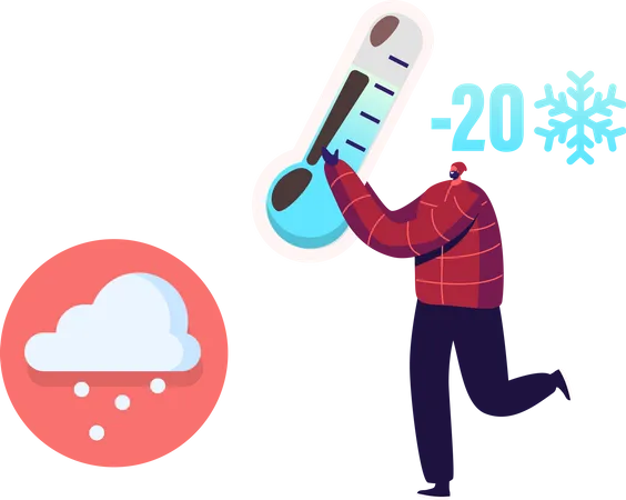 Hombre mostrando temperatura bajo cero usando un termómetro  Ilustración