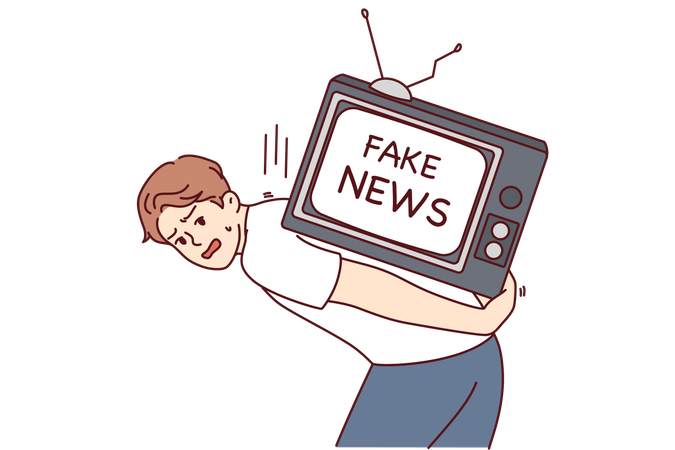 Hombre muestra noticias falsas en televisión  Ilustración