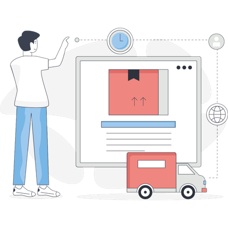 El hombre muestra un sitio web de logística.  Ilustración