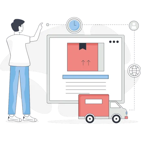 El hombre muestra un sitio web de logística.  Ilustración
