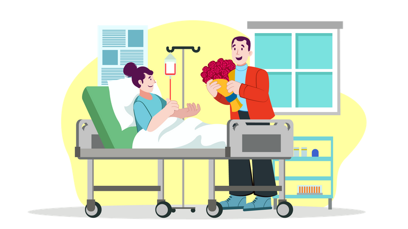 Hombre visitando a una mujer en el hospital  Ilustración