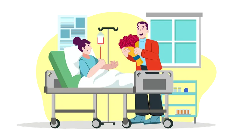 Hombre visitando a una mujer en el hospital  Ilustración