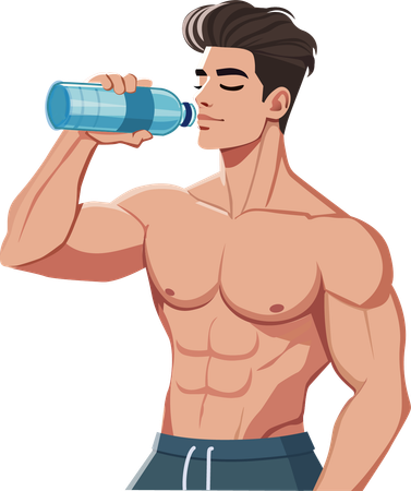 Hombre musculoso bebe agua en botella  Ilustración