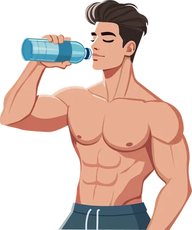 Hombre musculoso bebe agua en botella  Ilustración