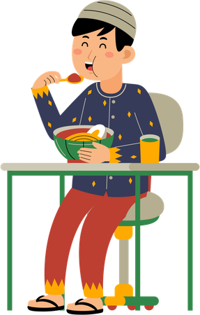 Hombre musulmán comiendo fideos  Ilustración