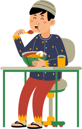 Hombre musulmán comiendo fideos  Ilustración