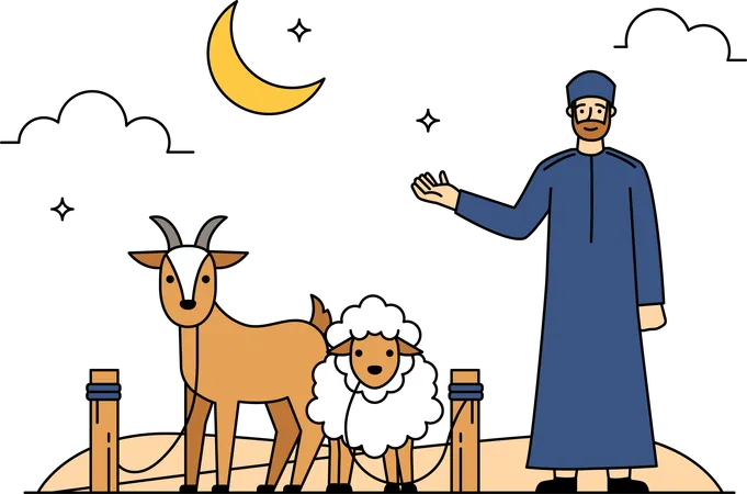 Hombre musulmán con animales de granja  Ilustración