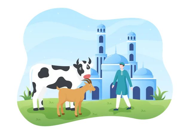 Hombre musulmán con cabra y vaca.  Ilustración