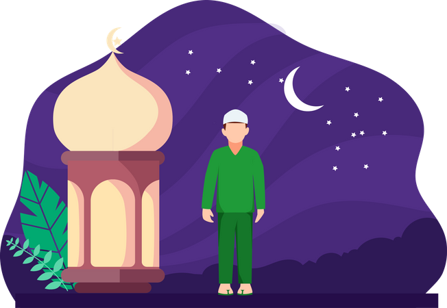 Hombre musulmán de pie en la mezquita  Ilustración