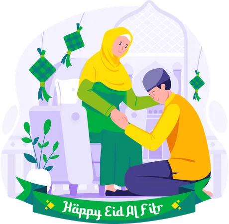 Feliz Ramadan Y Eid Mubarak Hombre Musulman Disculpandose Con Su Madre Una Tradicion De Eid Al Fitr Ilustracion Vectorial En Estilo Plano Ilustración