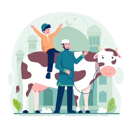 Feliz musulmán con vaca  Ilustración