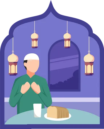 Hombre musulmán haciendo oración antes de comer  Ilustración