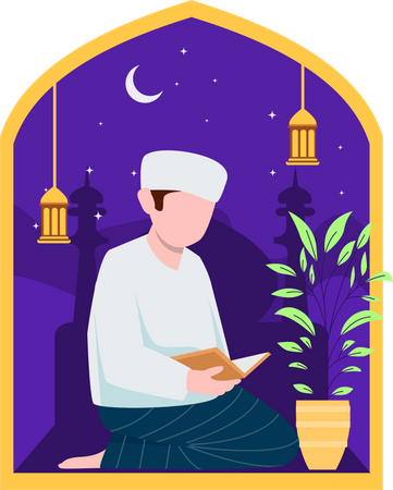 Hombre musulmán leyendo el corán  Ilustración