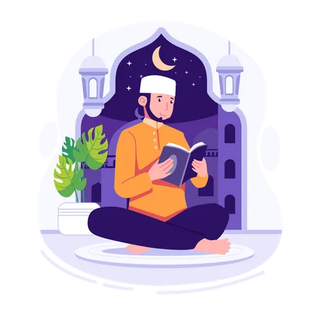 Hombre musulmán leyendo el corán  Ilustración
