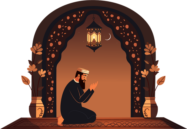 Hombre musulmán ofreciendo Namaz en la estera  Ilustración