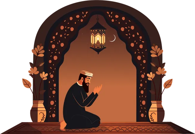 Hombre musulmán ofreciendo Namaz en la estera  Ilustración