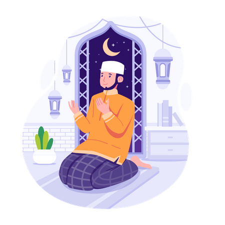 Hombre musulmán rezando en Ramadán  Ilustración