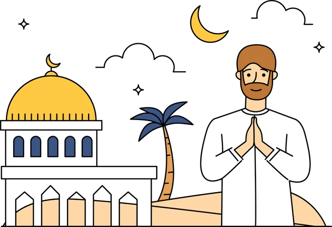 Hombre musulmán rezando fuera de la mezquita  Ilustración