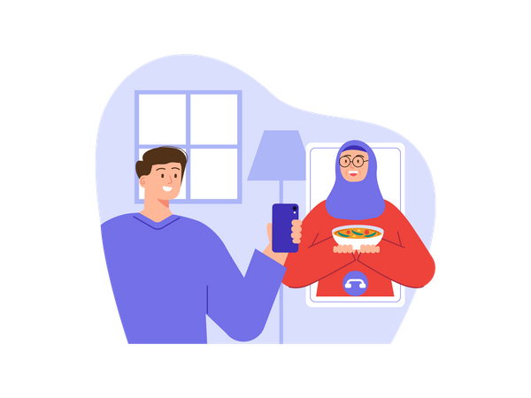 Hombre musulmán reunido con su esposa en videollamada  Ilustración