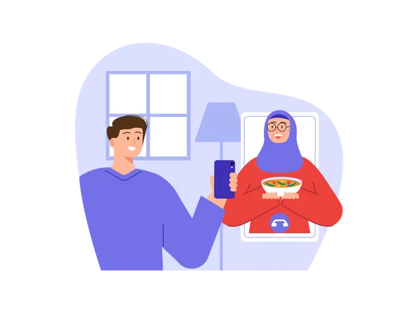 Hombre musulmán reunido con su esposa en videollamada  Ilustración